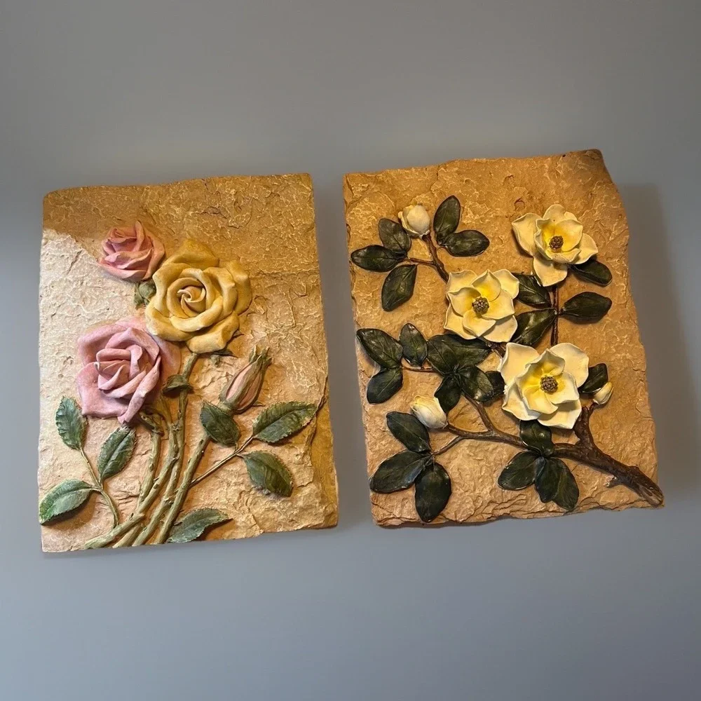 Set of 2 Floral Resin Wall Hanging 3D Decor Ganz Dogwood Roses 9